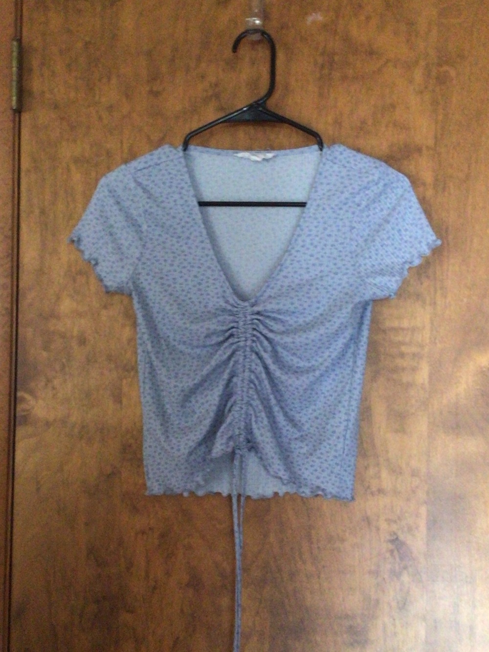 Pink Rose Light Blue Ruched V-Neck Crop Top